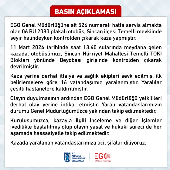 EGO Genel Müdürlüğü'nden devrilen EGO otobüsü hakkında açıklama geldi!