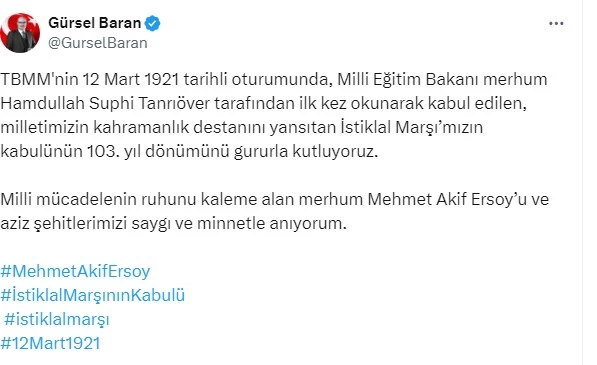 ATO Başkanı Gürsel Baran İstiklal Marşının kabulünün yıl dönümü için kutlama mesajı yayınladı