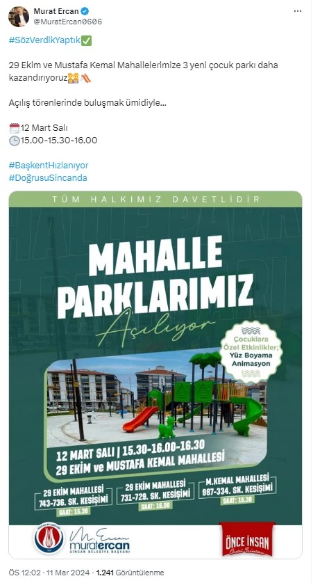 Sincan Belediyesi 3 yeni çocuk parkının açılışının yapılacağını açıkladı