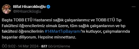 TOBB Başkanı Hisarcıklıoğlu'ndan Tıp Bayramı mesajı! Hepsine minnettarız