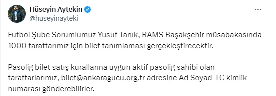 MKE Ankaragücü Basın Sözcüsü Hüseyin Aytekin duyurdu! Yusuf Tanık'tan 1000 taraftara ücretsiz bilet