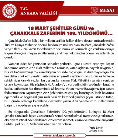 Ankara Valisi Şahin'den, 18 Mart Şehitler Günü ve Çanakkale Zaferi mesajı!