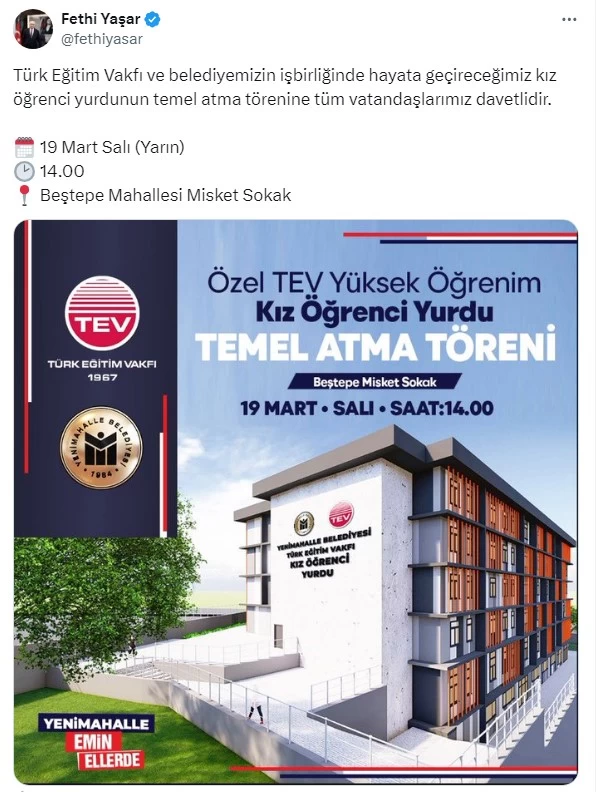 Yenimahalle Belediyesi yeni Kız Öğrenci Yurdu inşaatı için temel atma töreni düzenleyecek! - Resim : 2