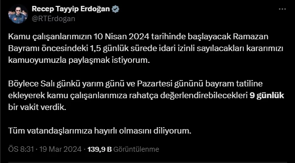 Cumhurbaşkanı Erdoğan son dakika duyurdu! Bayram tatili 9 gün oldu