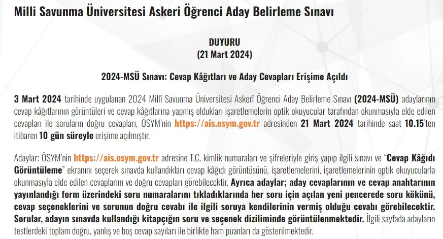 MSÜ sonuçları açıklandı! 2024 MSÜ Sınav sonuçları sorgulama ekranı