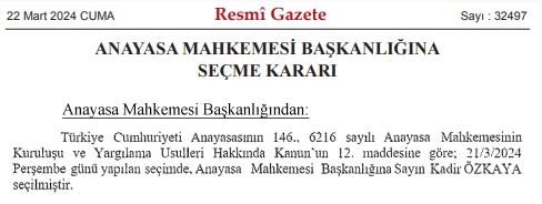 Resmi Gazete'de yayımlandı! Anayasa Mahkemesi Başkanlığına Kadir Özkaya seçildi