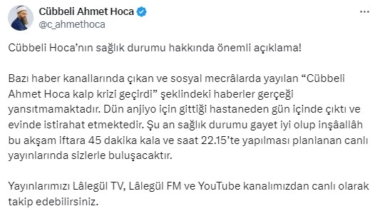 Cübbeli Ahmet Hoca kalp krizi geçirdi mi? Resmi açıklama geldi işte son sağlık durumu