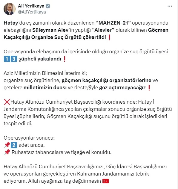 İçişleri Bakanı Ali Yerlikaya göçmen kaçakçılığı yapan örgütün çökertildiğini açıkladı
