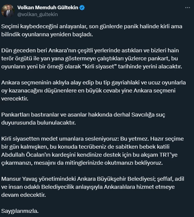 ABB Basın Koordinatörü Volkan Memduh Gültekin'den pankart tepkisi: "Kirli Siyaset"