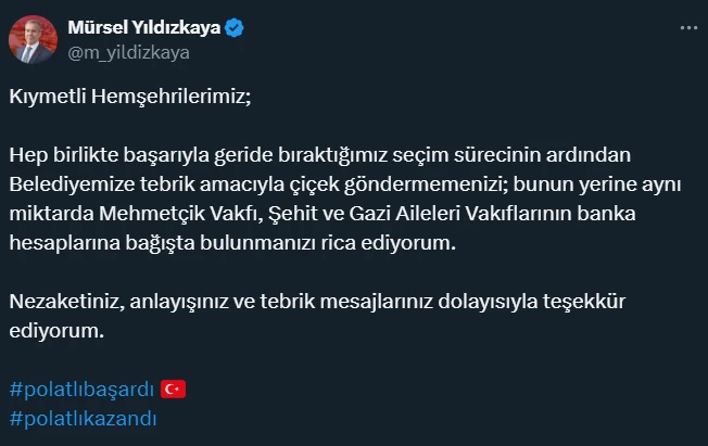 CHP Polatlı Belediye Başkanı Mürsel Yıldızkaya Mehmetçik Vakfı'na bağış yapılmasını istedi