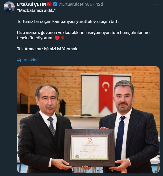 Pursaklar Belediye Başkanı Ertuğrul Çetin mazbatasını aldığını duyurdu