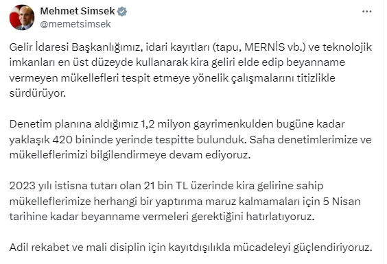 Bakan Şimşek ev sahiplerine kira gelir beyannamesi uyarısında bulundu!