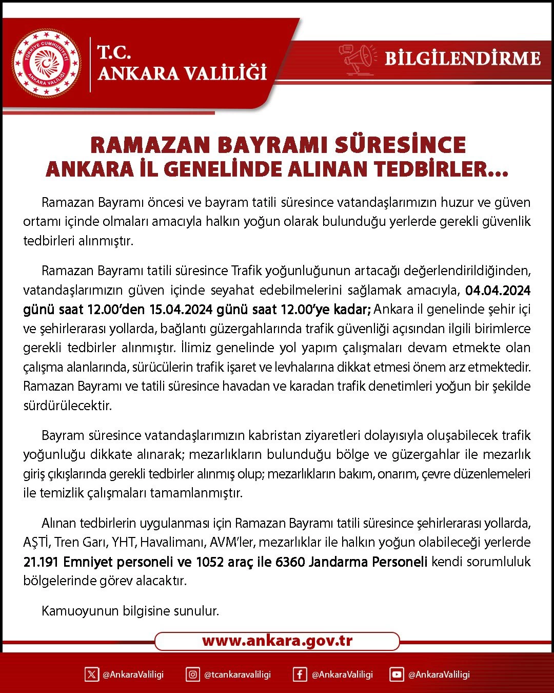 Ankara Valiliği Ramazan Bayramı öncesi şehirde alınan tedbirleri açıkladı