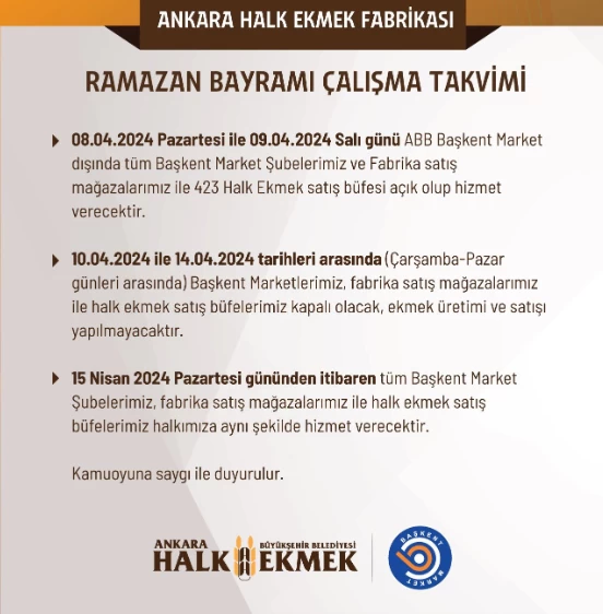 Ankara Halk Ekmek bayramda çalışma saatlerini duyurdu!