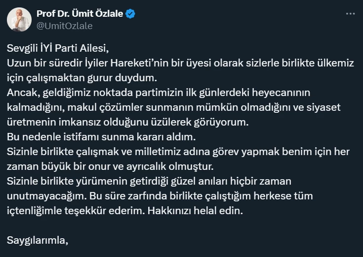 İYİ Parti İzmir Milletvekili Ümit Özlale partisinden istifa ettiğini açıkladı