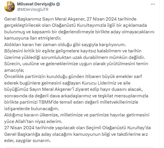 İYİ Parti'den Müsavat Dervişoğlu genel başkanlığa aday olacağını duyurdu!