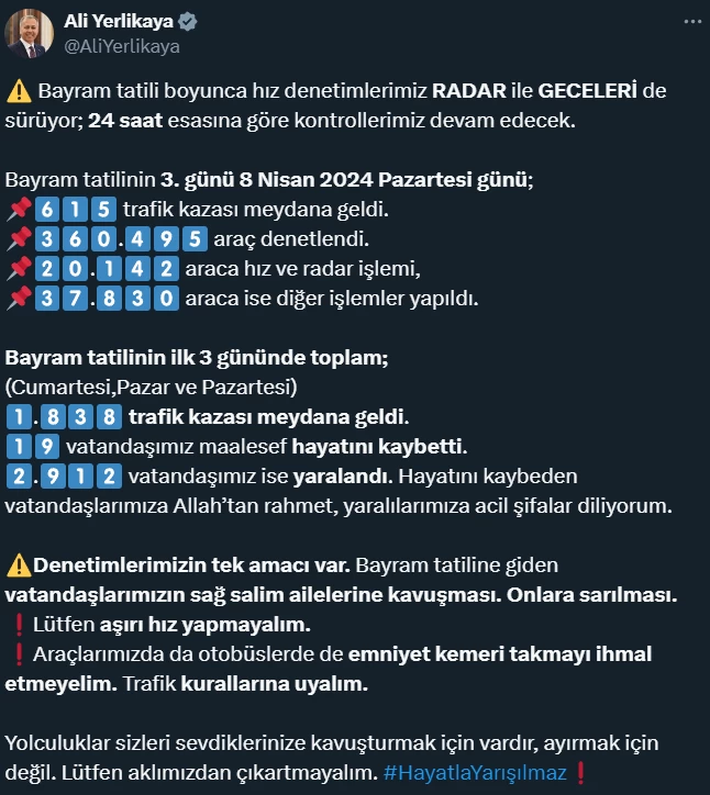 Ramazan Bayramı tatilinin acı bilançosu artıyor! Bakan Yerlikaya'dan ilk 3 gün açıklaması