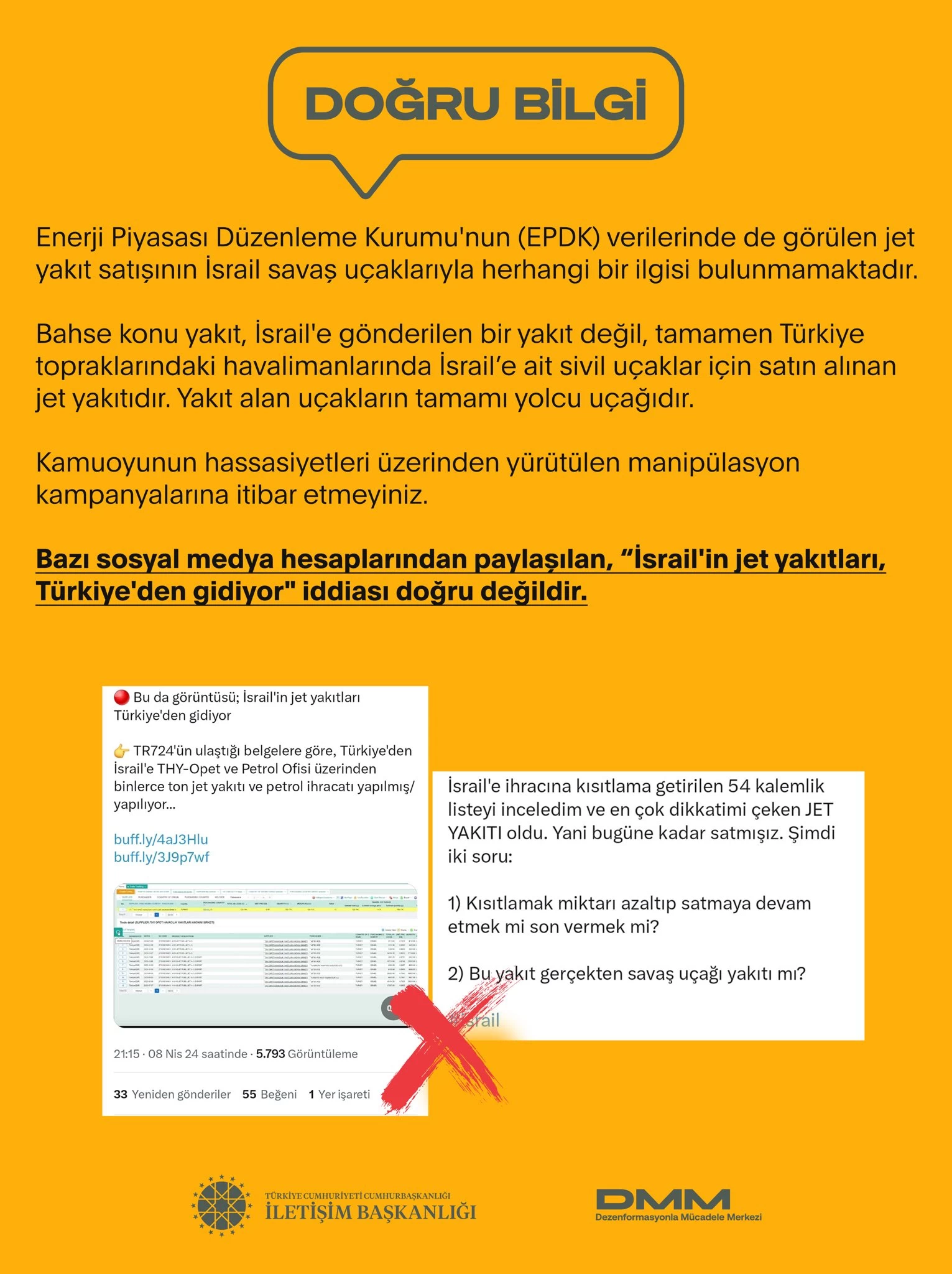 Dezenformasyonla Mücadele Merkezi İsrail'e jet yakıtı satışı iddialarını yalanladı