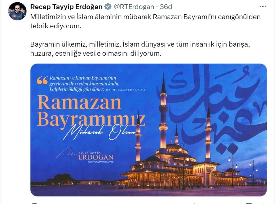 Cumhurbaşkanı Erdoğan'dan Ramazan Bayramı mesajı! Ramazan Bayramı'nı canı gönülden tebrik ediyorum