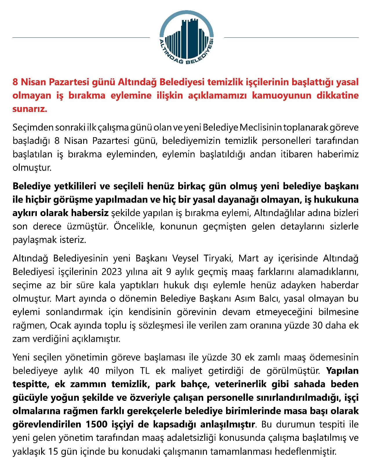 Altındağ Belediye Başkanı Tiryaki'den temizlik işçilerinin başlattığı eyleme ilişkin açıklama! - Resim : 2