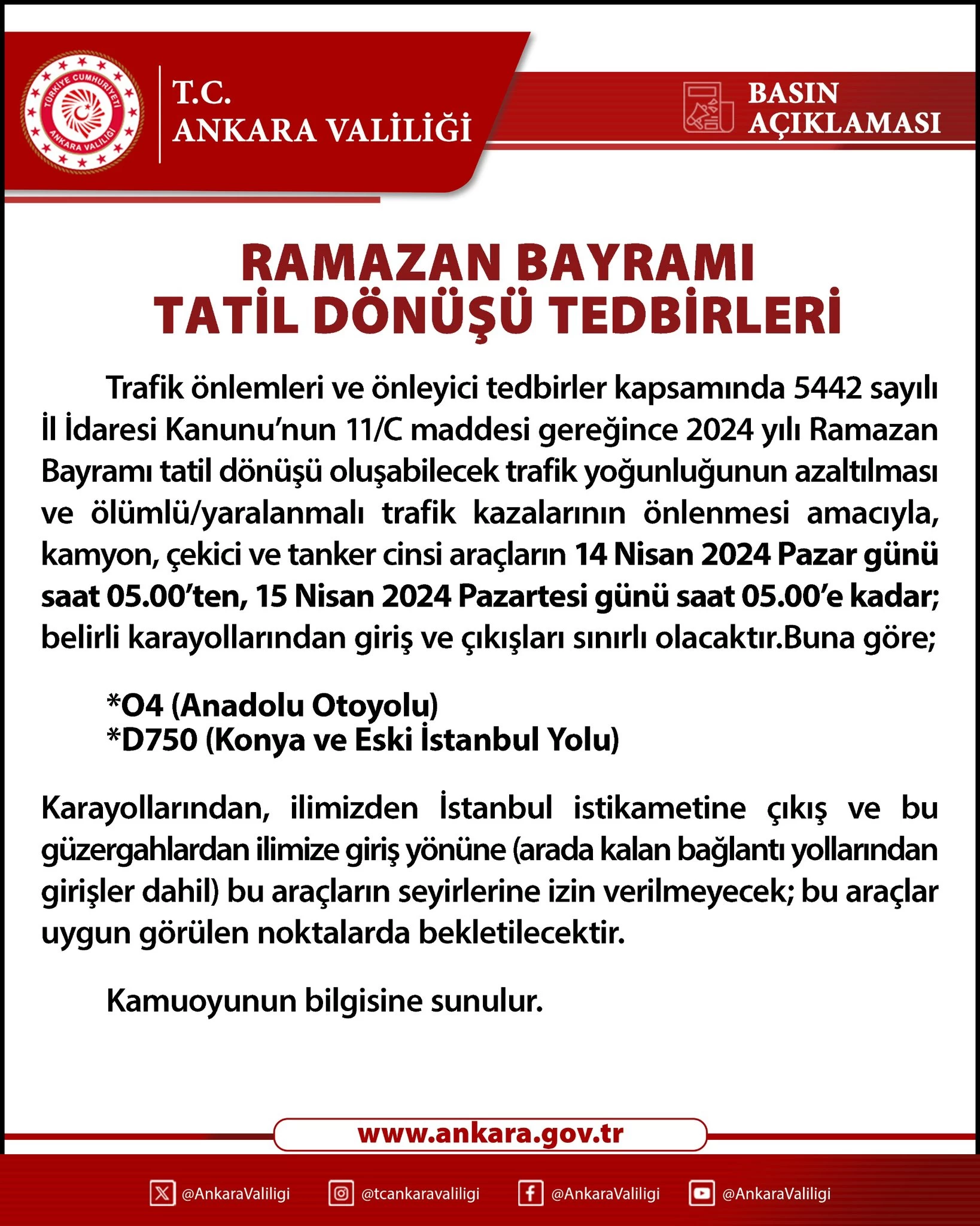 Ankara Valiliği tatil dönüşü kapsamında yollarda alınacak önlemleri açıkladı