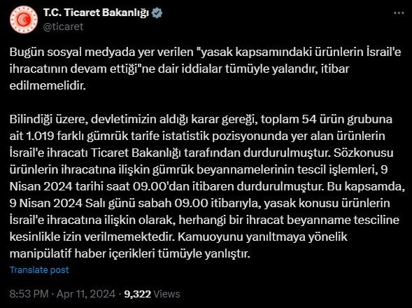 Ticaret Bakanlığı İsrail'e ihracat kısıtlamasının uygulanmadığı iddialarını yalanladı