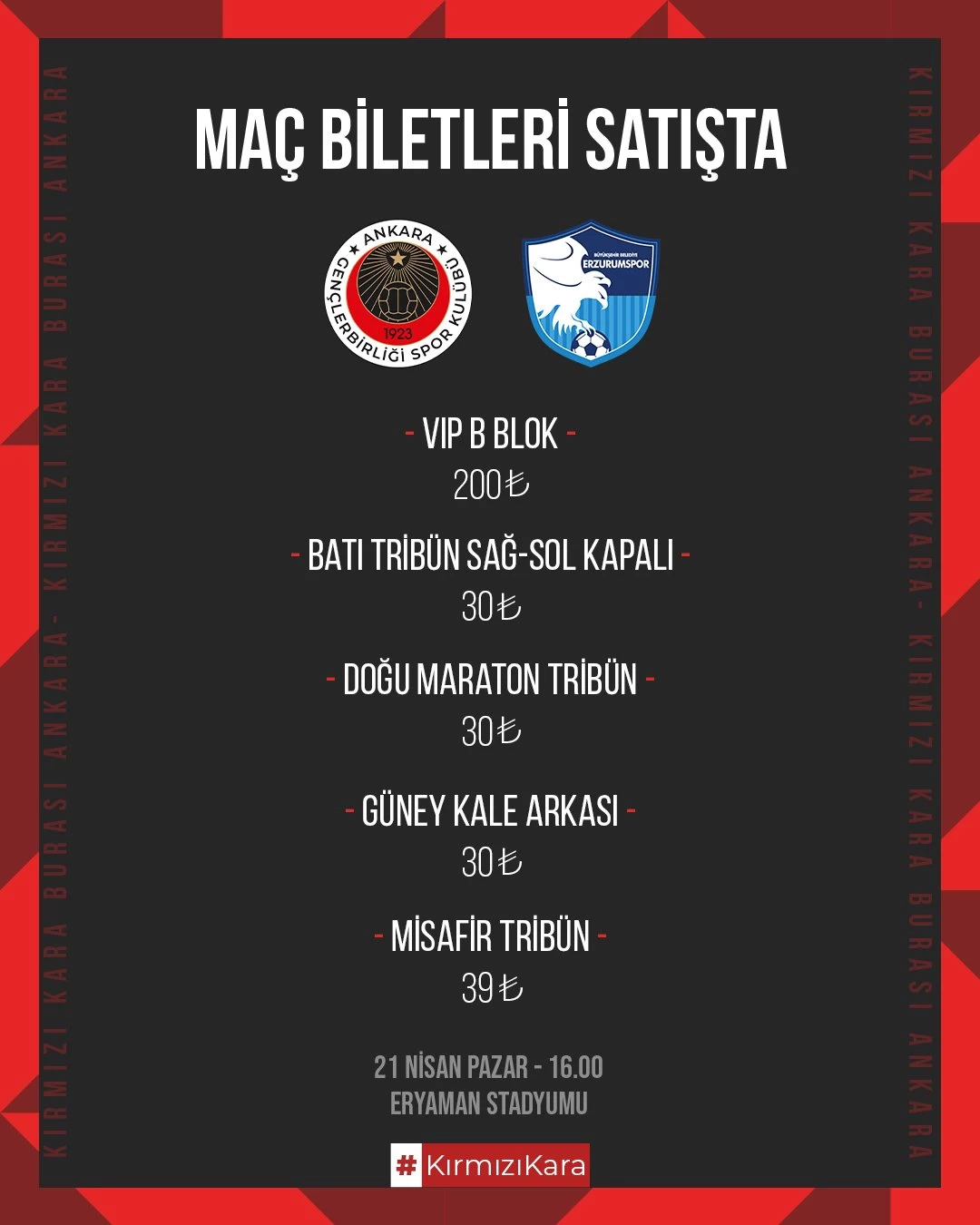 Gençlerbirliği Erzurumspor maçı biletleri satışa sunuldu