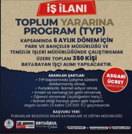 Pursaklar Belediyesi TYP kapsamında 350 işçi alımı yapacak!