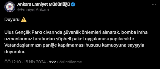 Ankara Emniyet Müdürlüğü şüpheli paket uygulaması yapılacağını duyurdu!
