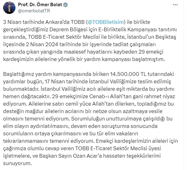 TOBB E-Ticaret Sektör Meclisi üyeleri İstanbul'daki yangında hayatını kaybedenlerin aileleri için yardım topladı