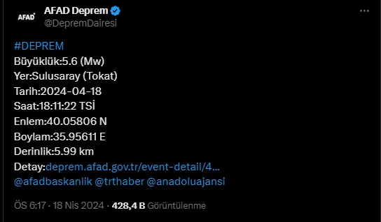 Son Dakika AFAD duyurdu! Tokat'ta 5,6 büyüklüğünde deprem meydana geldi