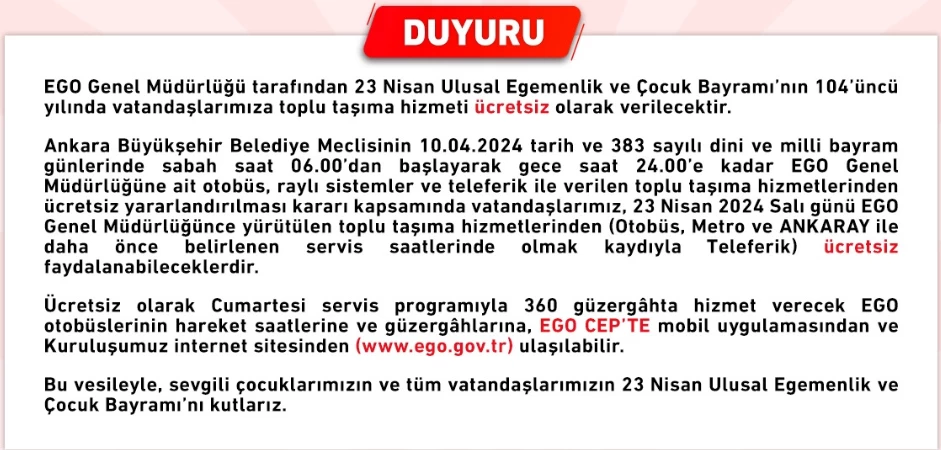 EGO Genel Müdürlüğü 23 Nisan'da toplu taşımanın ücretsiz olacağını duyurdu!