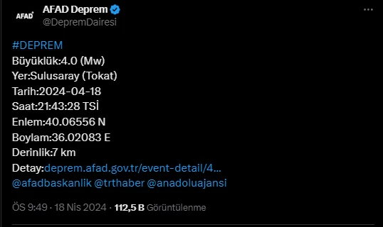 Tokat'ta peş peşe depremler devam ediyor! 4,4 büyüklüğünde deprem meydana geldi