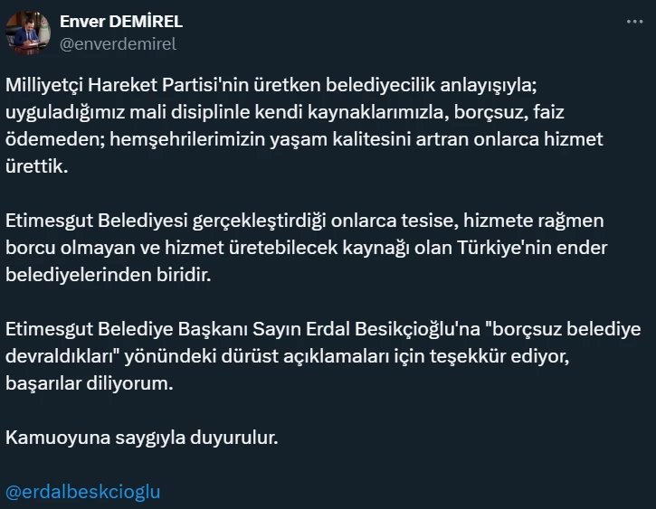 Etimesgut Belediye Başkanı Beşikçioğlu'nun belediye borcu sözlerine eski başkandan teşekkür geldi