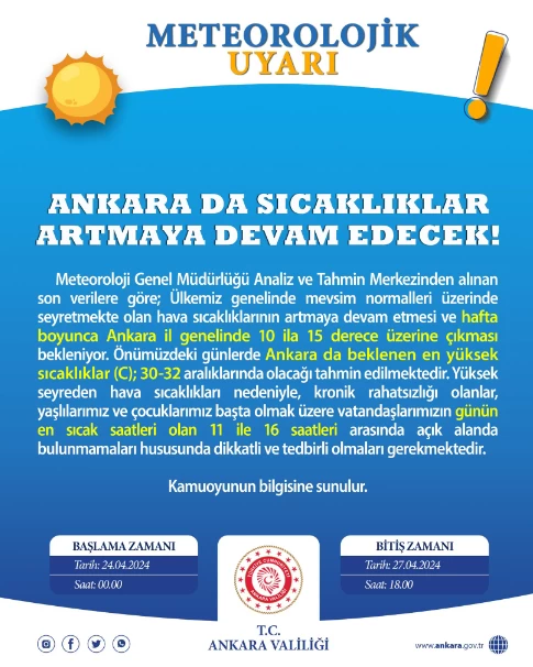 Ankara Valiliği'nden meteorolojik uyarı! Sıcaklıklar artmaya devam edecek