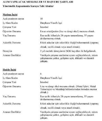 Darphane ve Damga Matbaası Genel Müdürlüğü 25 işçi alımı yapacağını duyurdu!