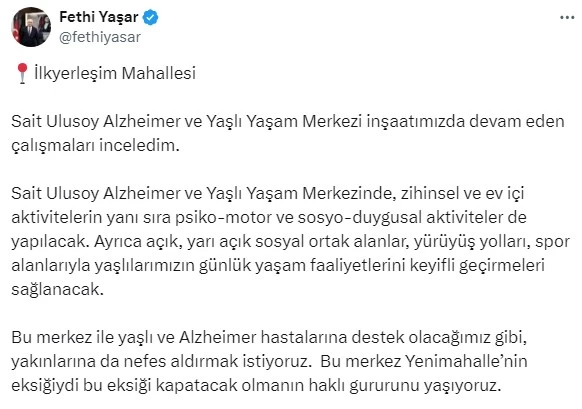 Yenimahalle Belediyesi Alzheimer ve Yaşlı Yaşam Merkezi inşaatı devam ediyor