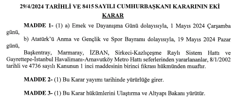 1 Mayıs ve 19 Mayıs'ta Başkentray ücretsiz olacak!