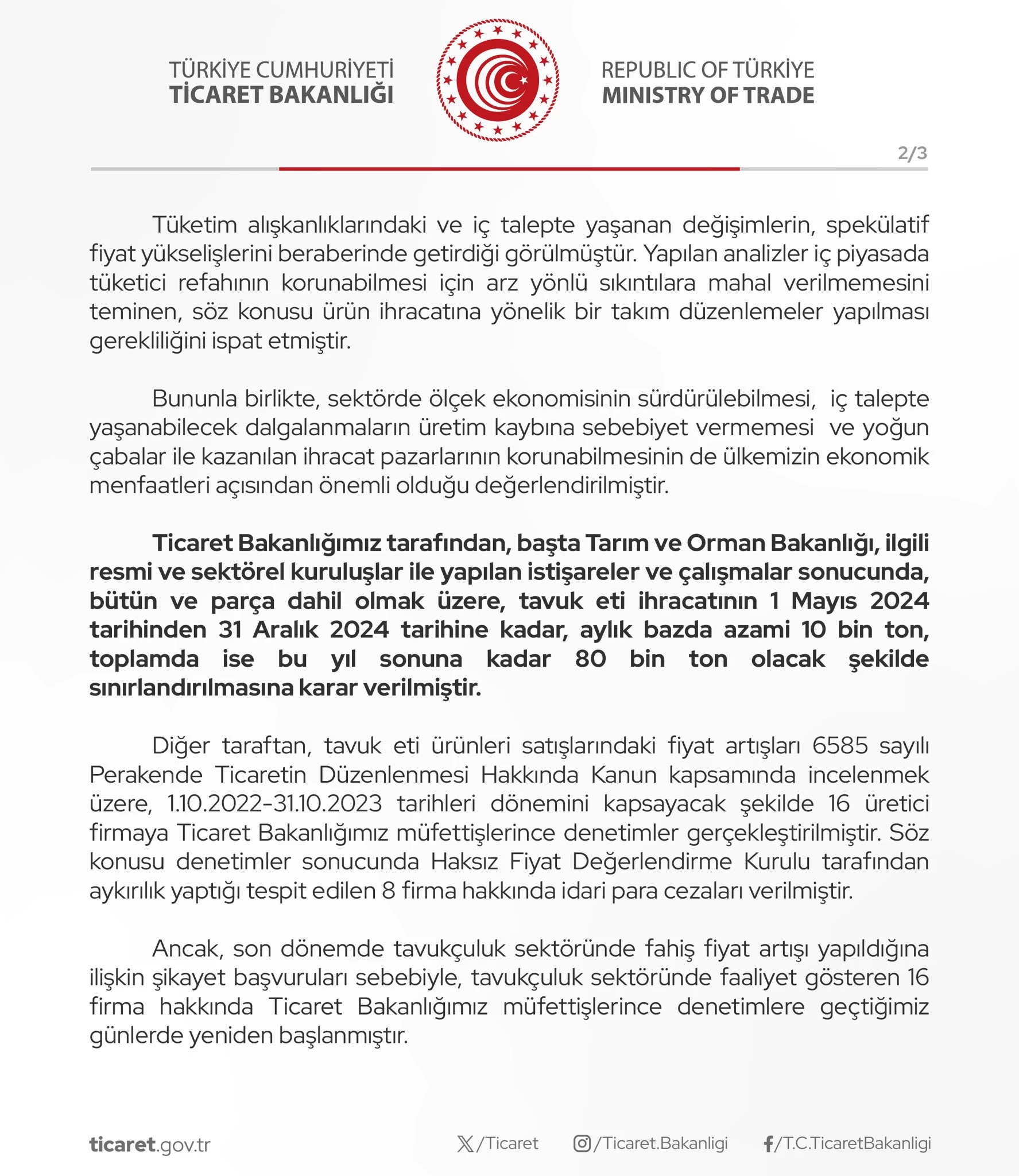 Ticaret Bakanlığı tavuk eti ihracatına kısıtlama getirildiğini açıkladı - Resim : 2