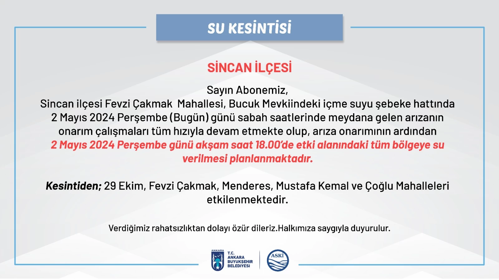 Ankara Sincan Beypazarı Mamak Ayaş! Şimdi duyuru geldi uzun süre kullanılamayacak