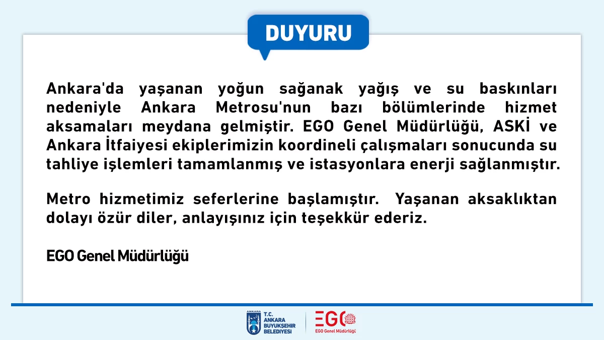 EGO Genel Müdürlüğü Ankara'da metroların yeniden seferlere başladığını açıkladı