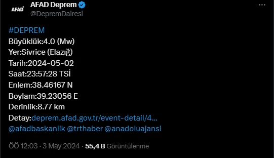 Gece saatlerinde korkutan deprem! Elazığ'da 4,0 büyüklüğünde deprem meydana geldi