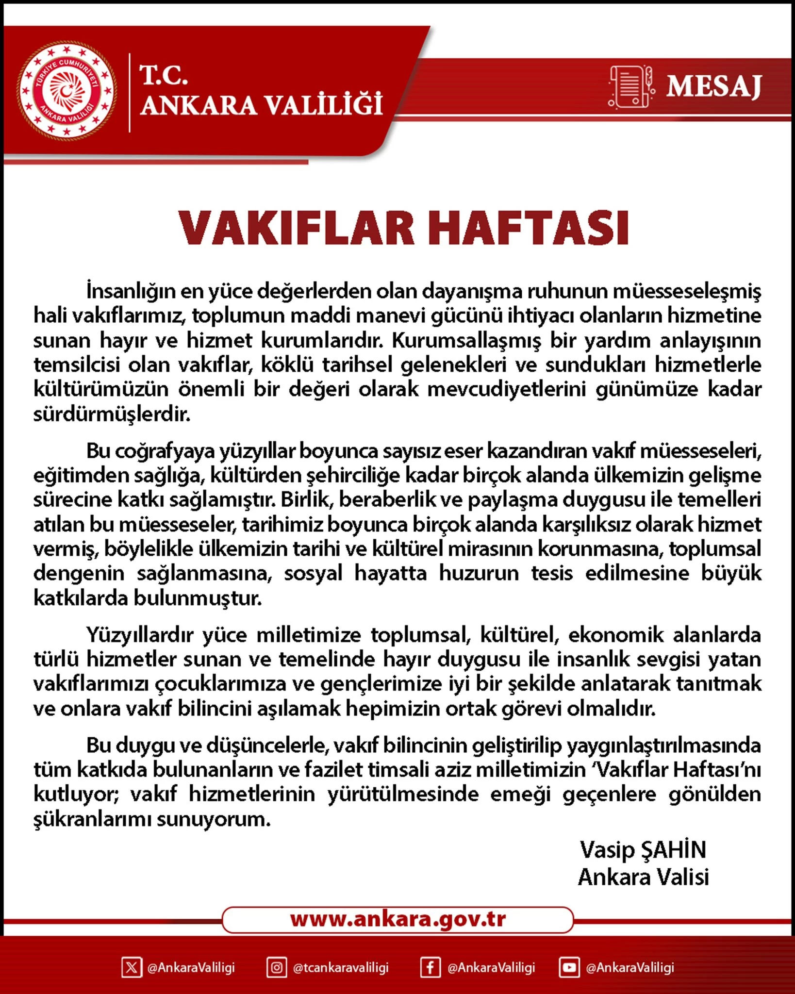 Ankara Valisi Şahin Vakıflar Haftası'na özel mesaj yayımladı