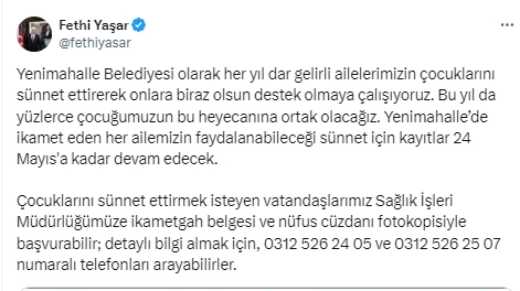 Yenimahalle Belediyesi ücretsiz sünnet şenliği için başvurularını almaya devam ediyor