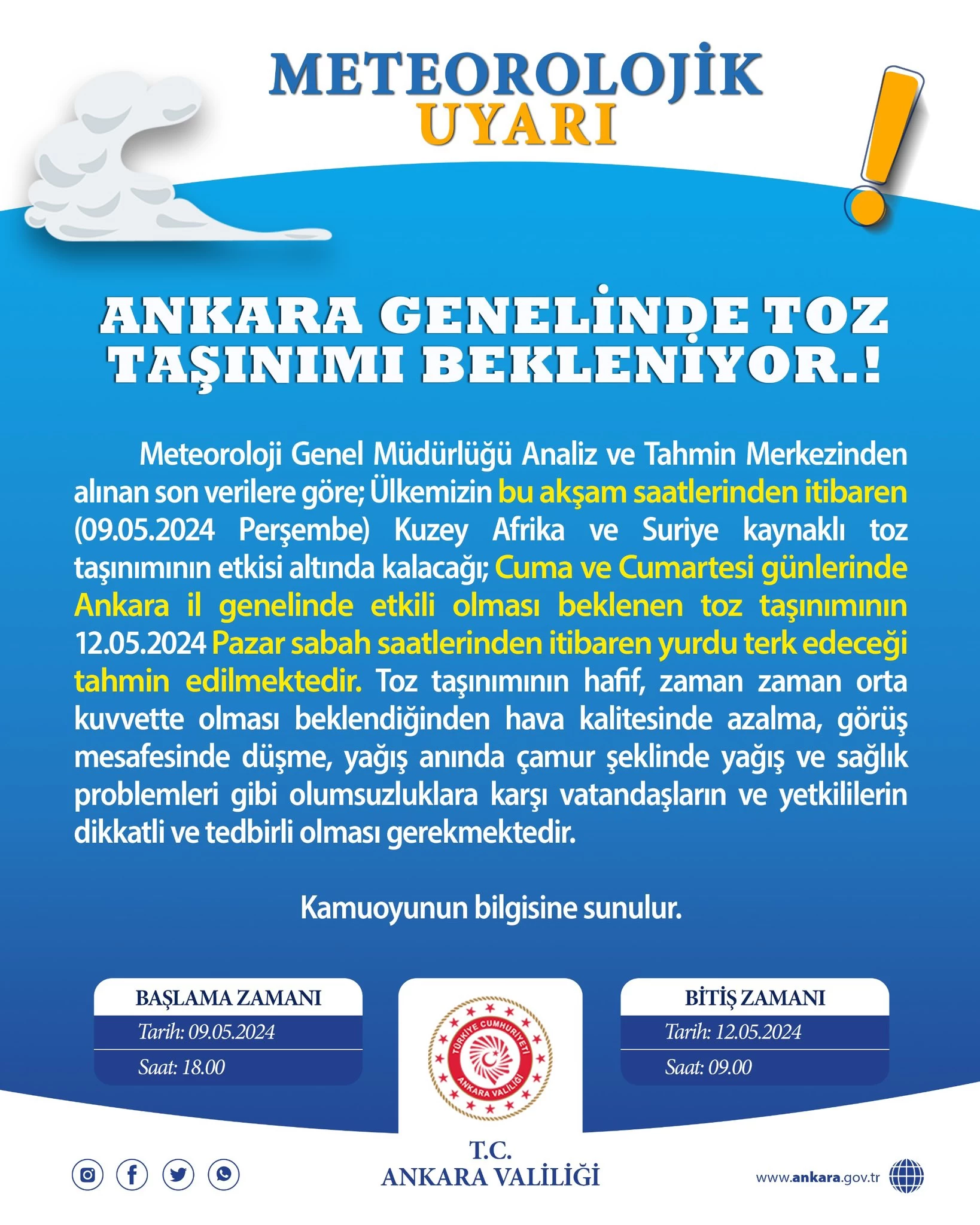 Ankara Valiliği toz taşınımı uyarısı yaptı!