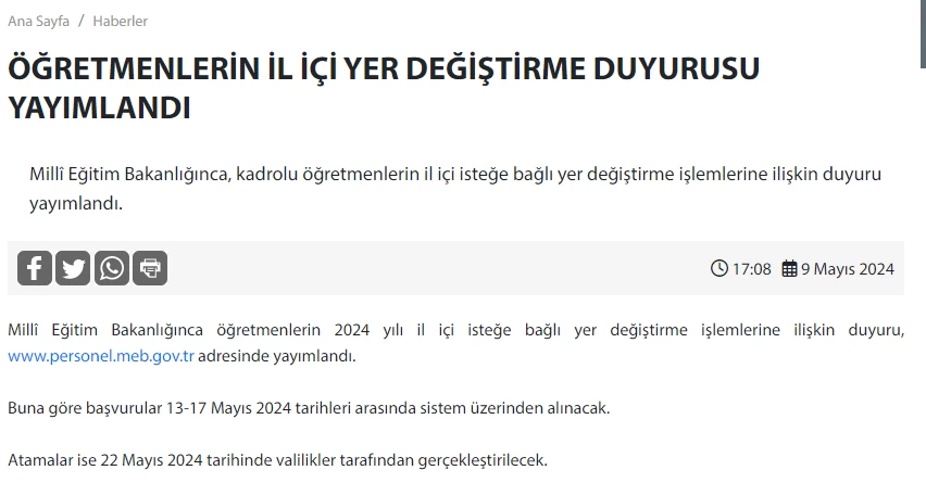 Öğretmenlerin il içi yer değiştirme takvimi belli oldu