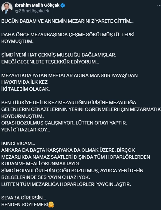 Melih Gökçek "Mansur Yavaş'tan iki talebim olacak"