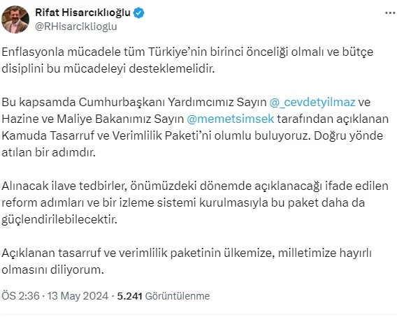 TOBB Başkanı Hisarcıklıoğlu Kamuda Tasarruf Paketini olumlu bulduğunu söyledi