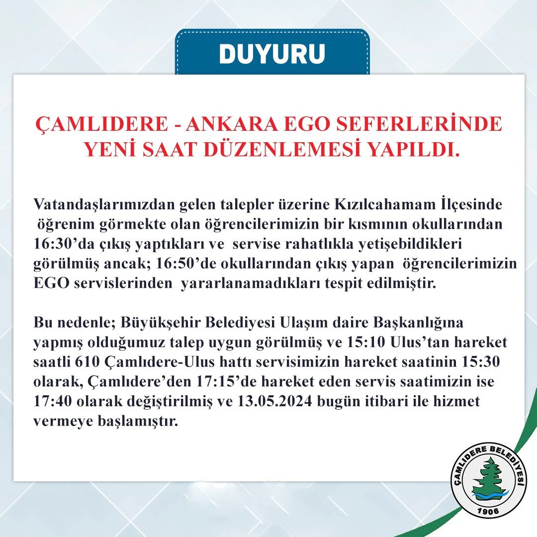 Çamlıdere Belediye Başkanı Adem Ceylan EGO seferlerinde yeni saat düzenlemesi yapıldığını duyurdu - Resim : 2