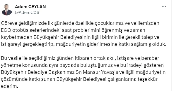 Çamlıdere Belediye Başkanı Adem Ceylan EGO seferlerinde yeni saat düzenlemesi yapıldığını duyurdu